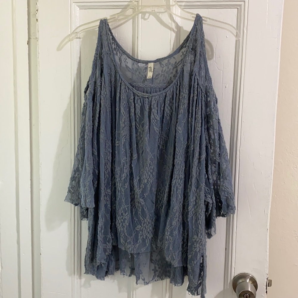 Free People Blue Lace Cold Shoulder Top